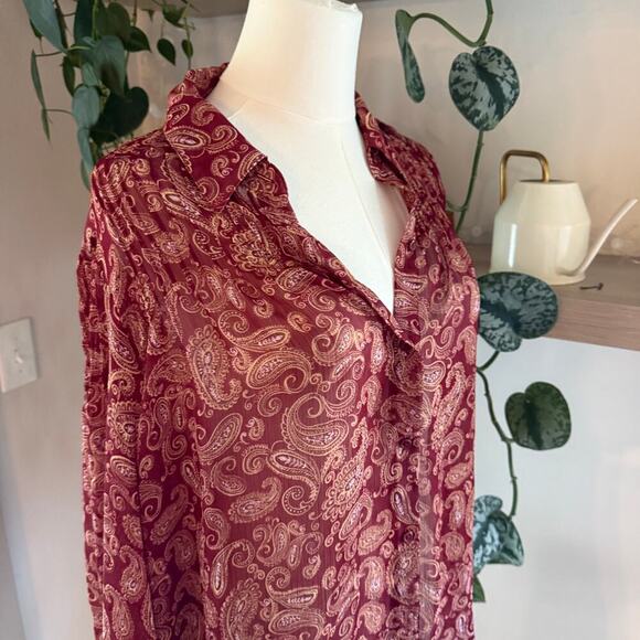 Express Burgundy Paisley Long Sleeve Sheer Button Front Blouse Large Office Fall - Picture 3 of 7